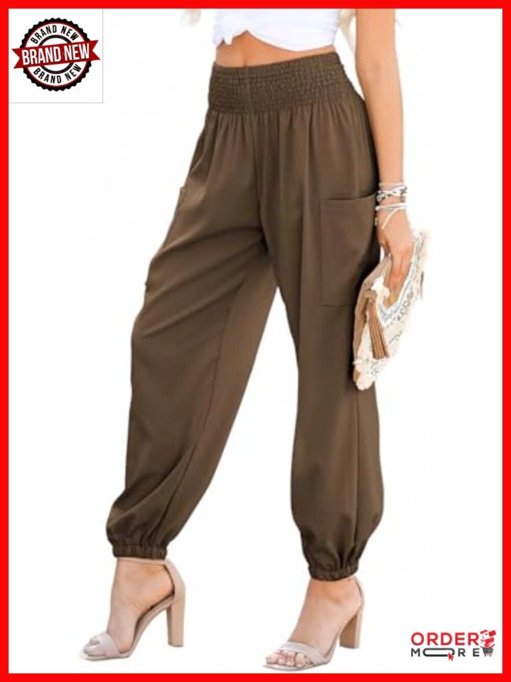 Dokotoo Smocked High Waisted Harem Pants Tapered Leg Side Pockets